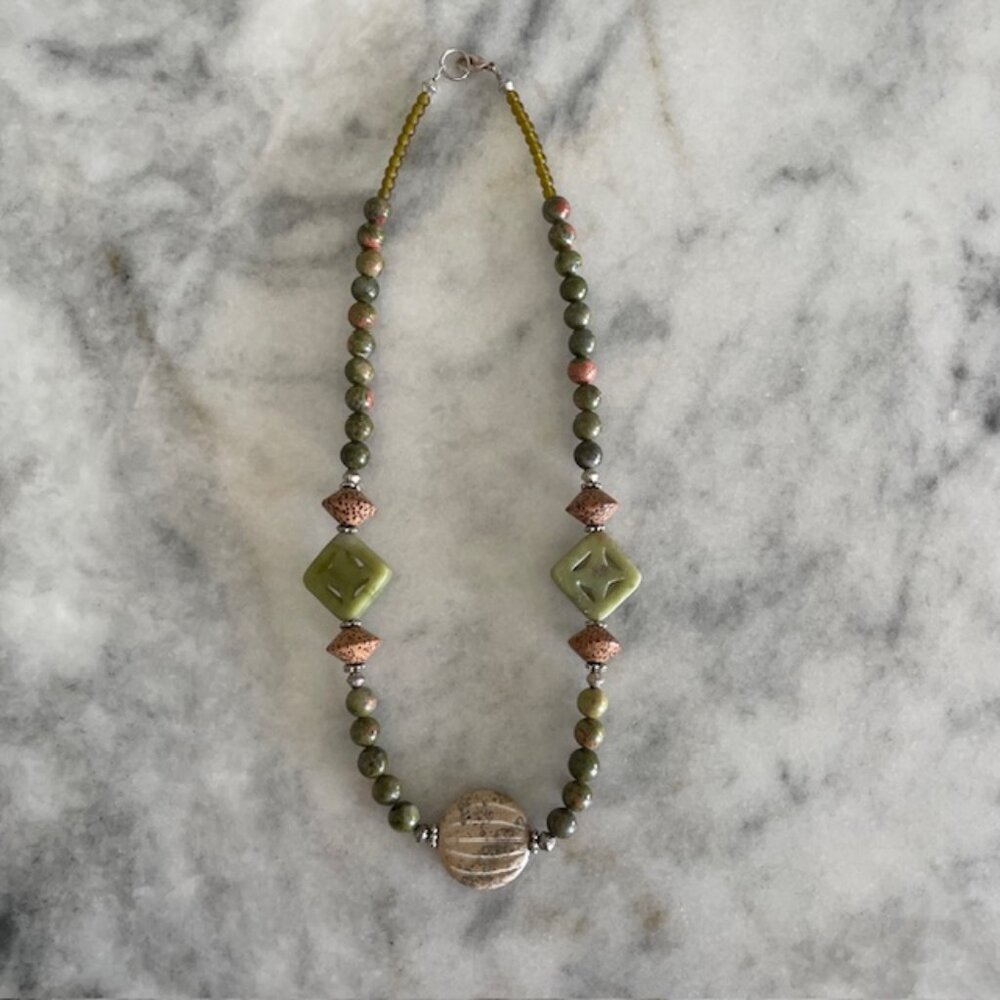 Vintage Unakite, Serpentine and Stone Bead Necklace - 20" length